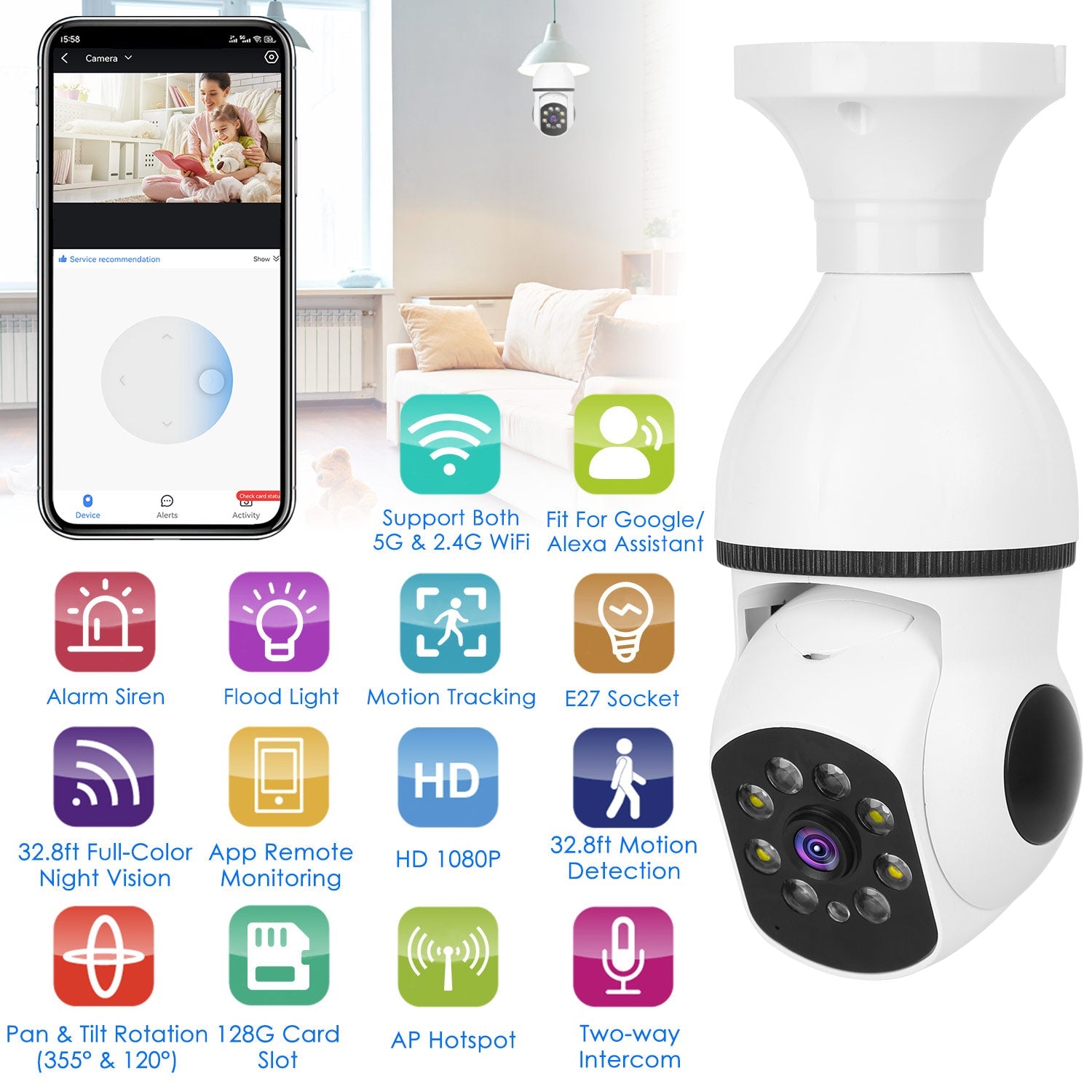 E27 WiFi Bulb Camera 1080P FHD Security